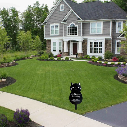 No Soliciting Sign For Home And Yard, Funny Black Cat Metal Sign with easy inground stake in front of house yard