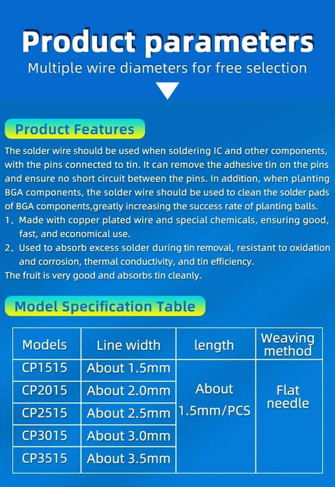 Product features and specifications for Two Pack Braid Solder Remover Tin Sucker For CP1515 2015 2515 3015 3515 Soldering Iron