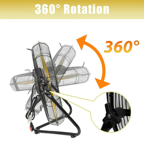 Heavy Duty 20 Inch High Velocity Floor Fan Delivers 5300 CFM On High, 3 Speed Settings, 360 Degree Tilt, Tough As Nails All Metal Build