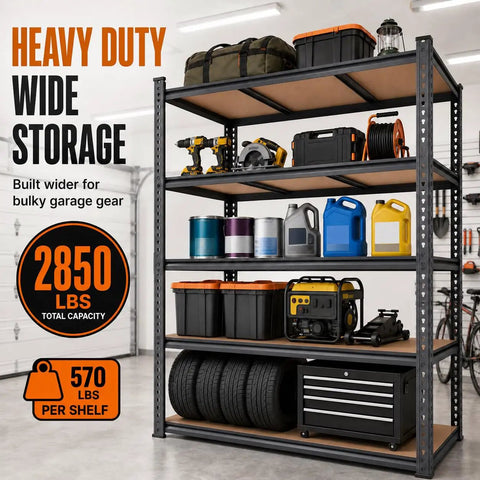 Extra Wide 46 Inch Garage Shelving System Heavy Duty Five Tier Storage Rack Holds 3000 Pounds Rock Solid Steel Frame Built Like A Tank For Garage Storage And Shop Organization