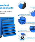 Rock Solid Rolling Tool Chest With Seven Smooth Ball Bearing Drawers And Heavy Duty Swivel Casters Built To Handle The Everyday Grind For Zero Sweat Garage Organization In Deep Blue with seven drawers and swivel casters.