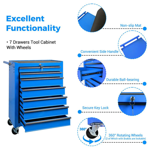 Rock Solid Rolling Tool Chest With Seven Smooth Ball Bearing Drawers And Heavy Duty Swivel Casters Built To Handle The Everyday Grind For Zero Sweat Garage Organization In Deep Blue with seven drawers and swivel casters.