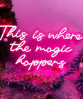 Lit LED Neon Sign for Wall Decor Large 31 Inch Neon Light Perfect for Bachelorette Parties displaying 'This is where the magic happens' in pink