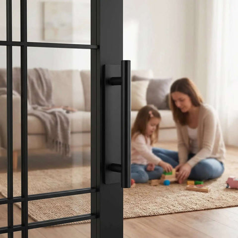 4 Pack Self Adhesive Cabinet Handles No Drill Drawer Pulls 5.27 Inch installed on glass door with family background