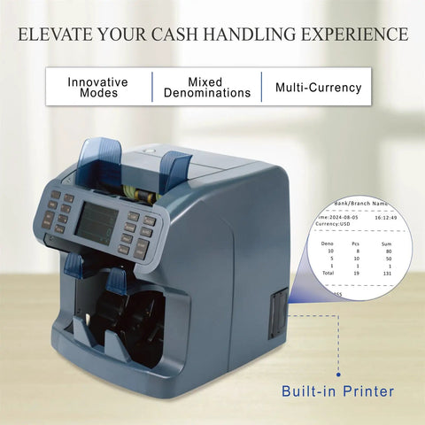 Bank Grade Money Counter And Sorter With Built In Printer Two Pocket Design For Mixed Denominations Features Display and Receipt