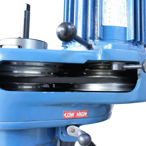 Close-up view of Shop Ready Heavy Duty Vertical Mill With Step Pulley and 120V Single Phase Motor drive system and controls.