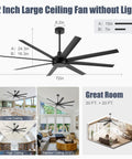 Beefy 72 Inch No Light Ceiling Fan With Remote Control Quiet DC Motor 8 Reversible Blades For Indoor Outdoor Use Industrial Black