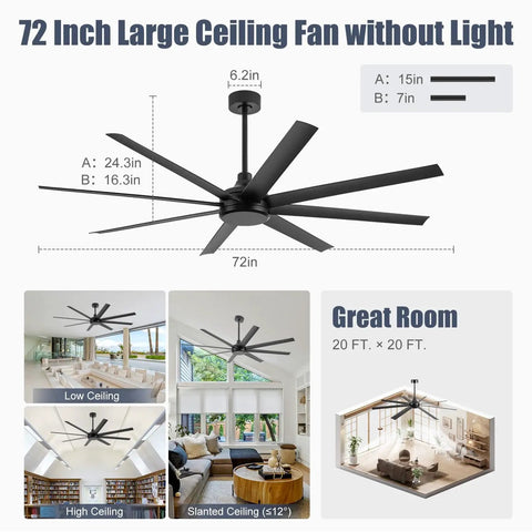 Beefy 72 Inch No Light Ceiling Fan With Remote Control Quiet DC Motor 8 Reversible Blades For Indoor Outdoor Use Industrial Black