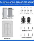 IP67 Weatherproof Electrical Junction Box Outdoor Enclosure Rugged Grey ABS Plastic With Hinged Lid, Mounting Plate And Wall Brackets, Dustproof Waterproof Project Box For Outdoor Electrical Setup. open box with mounting plate, brackets, glands, and screws