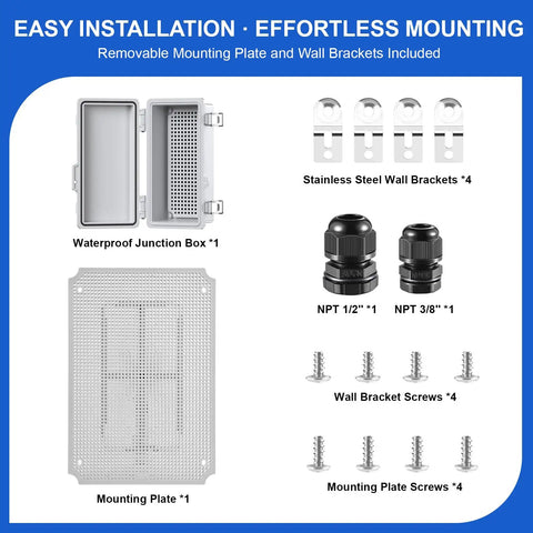 IP67 Weatherproof Electrical Junction Box Outdoor Enclosure Rugged Grey ABS Plastic With Hinged Lid, Mounting Plate And Wall Brackets, Dustproof Waterproof Project Box For Outdoor Electrical Setup. open box with mounting plate, brackets, glands, and screws