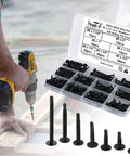 Pro Grade Self Drilling Screws Kit For Metal And Sheet Metal 140 Pcs Black TEK Self Tapping Deck Screws organized in box with drill