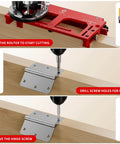 Door Hinge Jig For Doors And Frames Pro Grade Upgraded Adjustable Mortise Width Aluminum Alloy Template Kit For Router Fits 1/4 Inch Radius 5/8 Inch Radius And Square Corner Hinges From 2 To 5 Inches No Fuss Setup shown in use with drilling and screwing instructions on wooden door and frame.