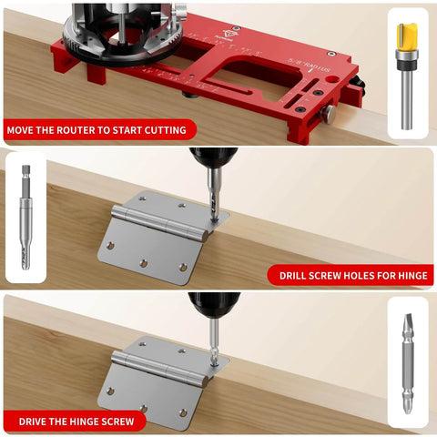 Door Hinge Jig For Doors And Frames Pro Grade Upgraded Adjustable Mortise Width Aluminum Alloy Template Kit For Router Fits 1/4 Inch Radius 5/8 Inch Radius And Square Corner Hinges From 2 To 5 Inches No Fuss Setup shown in use with drilling and screwing instructions on wooden door and frame.