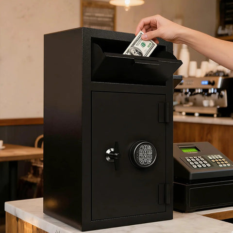 Heavy Duty Front Drop Safe Box Built To Last Fireproof Waterproof For Home And Office With Top Lock Cash Stash Compartment Anti Fishing Security Free Fireproof Bag For Cash Jewelry And Important Documents being used in a store.