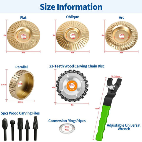 15 Piece Pro Grade Wood Carving Kit For Angle Grinders 4 Inch To 4.5 Inch Includes Flat Curved Inclined And Parallel Carving Discs