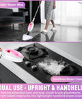 Fast Heat Up Steam Mop And Portable Handheld Steamer For Hardwood Floors Carpet Tile Grout Knocks Out Grease And Stuck On Messes Leaves Floors Completely Dry And Spotless Total Cleaning Game Changer in use, upright and handheld feature, cleaning tile floor.