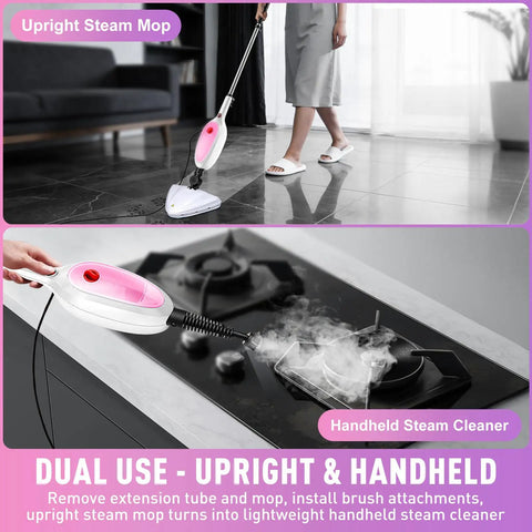 Fast Heat Up Steam Mop And Portable Handheld Steamer For Hardwood Floors Carpet Tile Grout Knocks Out Grease And Stuck On Messes Leaves Floors Completely Dry And Spotless Total Cleaning Game Changer in use, upright and handheld feature, cleaning tile floor.