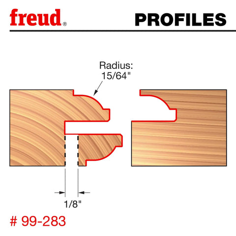Diagram showing cut profile details of Recoverable Bead Glass Door Bit Set 2-3/8 Inch Diameter 1/2 Inch Shank 15/64 Radius Dual Sided