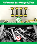 Image comparing organized tools on a Two Pack Power Tool Organizer Wall Mount, Heavy Duty Metal Shelf For Four Cordless Tools, Drill Shelf Holder, Garage Storage Shelves, Tool Rack For Workshop, Garage, And Tool Room, Rustproof, 50 Lb Capacity with a disorganized tool setup.