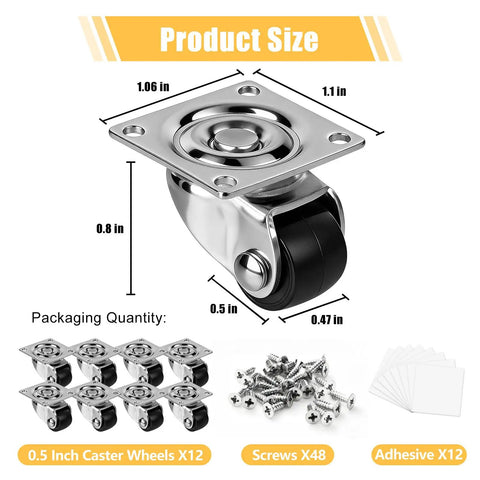 Mini Caster Wheels Set Of 12 Features Low Profile Nylon Rollers With Super Smooth Swivel Action, 0.5 inch size for easy furniture movement.