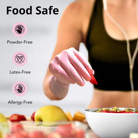 Top Shelf Disposable Nitrile Dish Gloves With Extended 12 Inch Cuff, 6 Mil Thick Guard, Cherry Blossom Print, Latex Free, Straight Up Reliable For Deep Cleaning And Hair Dye, Box Of 100, worn by a person picking strawberries.