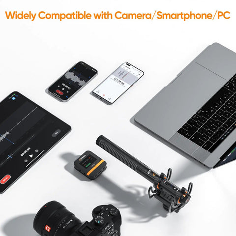 VM40 Your Go-To Dual-Mode Shotgun Microphone With Wired And Wireless Modes placed with smartphone, laptop, and DSLR camera.