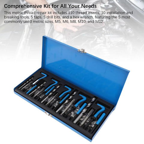Thread Repair Kit 131Pcs Set with metric wire inserts, taps, drills, and wrench in blue storage box for M5 M6 M8 M10 repairs