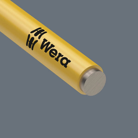 Close-up of L Key Set 3950/9 Hex Plus Multicolor HF Stainless Steel, showing yellow handle and Wera branding.