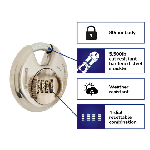 Heavy Duty 80mm Resettable Four Dial Padlock With Chrome Plated Hardened Steel Shackle For Lockers Tool Boxes Outdoor And Indoor Sheds No Nonsense Security Lock For Keeping Your Gear Safe alongside product features chart.