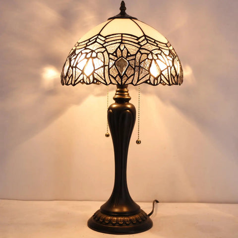 Tiffany Style Table Lamp with White Bent Stained Glass Crystal Shade, 12x12x22 Inches, UL Listed Bedside Desk Reading Light