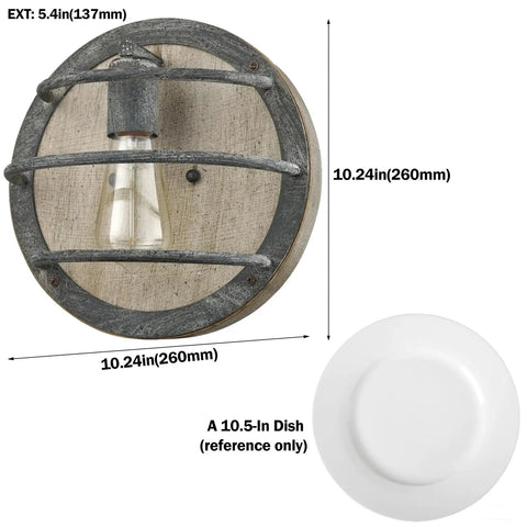 Farmhouse Wood Wall Sconce With Industrial Cage, 1 Light, Rustic Back Plate, Weathered Finish, ETL Listed Wall Lighting, dimensions shown