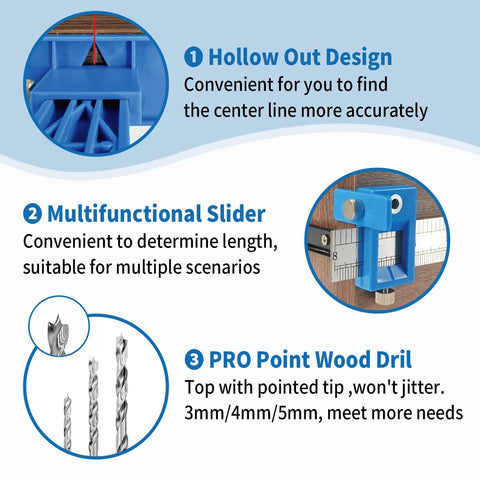Features of Cabinet Hardware Jig For Precise Handle Knob And Drawer Pull Installations With Three Piece Point Wood Drill Bits