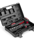 12 Volt Cordless Ratchet Wrench Set Three Eighths Inch Drive With Thirty Five Ft Lbs Torque And Two Hundred Thirty RPM displayed in a black case