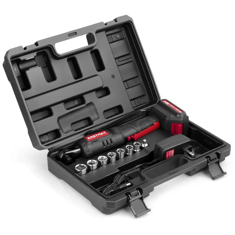 12 Volt Cordless Ratchet Wrench Set Three Eighths Inch Drive With Thirty Five Ft Lbs Torque And Two Hundred Thirty RPM displayed in a black case