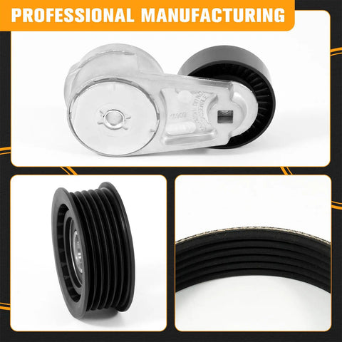 Super Sweet 3.6L V6 Serpentine Belt Drive Kit For Dodge Avenger Journey And Chrysler Grand Caravan With Tensioner Idler Pulley And Fresh Ribbed Belt To Fix Squeals And Keep Your Ride Rockin Smooth Like A Boss From 2011 Through 2019, shown with pulley and belt close-up