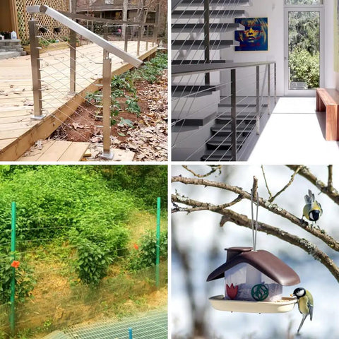 Stainless Steel Wire Rope One Eighth Inch Cable 328 Feet With Cutter used in deck railings and stair handrails setup.