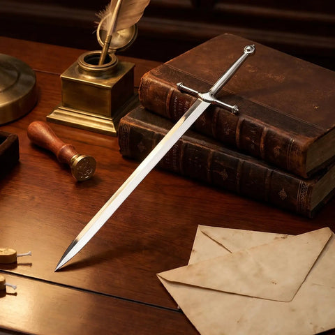 Sword Letter Opener with Ergonomic Handle and Precision Blade on desk with books, envelope slitter, ancient sword design in silver