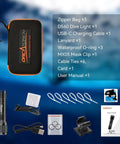 Go-To 650 Lumen Underwater Dive Light Headlamp With accessories including mask clip, O-rings, cable, and manual displayed on blue background.