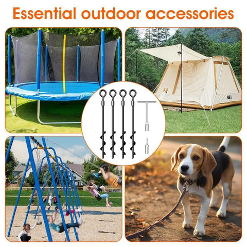 Beefy Heavy Duty Screw In Ground Anchors for trampolines, tents, swing sets; anti rust, includes T wrench and drill socket