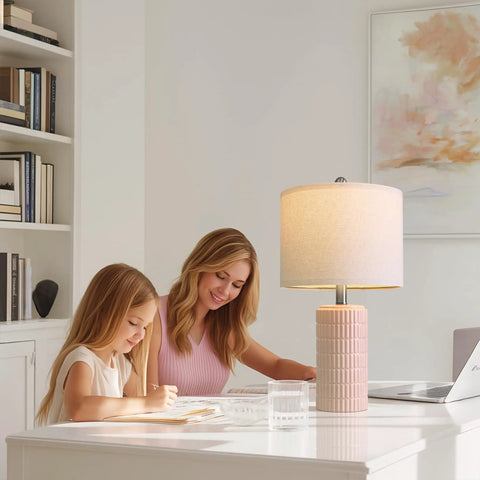 Set Of 2 24.75 Inch Ceramic End Table Lamps For Living Room Bedroom Office Farmhouse Cozy Decor With Linen Drum Shades
