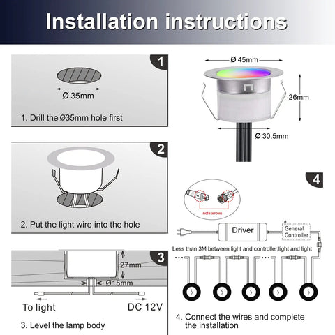 Installation instructions for Lit Multicolor RGBIC Deck Lights With WiFi Control and Music Sync, Waterproof IP67 Recessed 45mm Fixtures, 12V