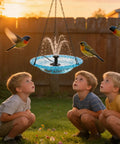 USB Powered Cascade Hanging Bird Bath Fountain For Outdoor Gardens Lawns Patios Eaves And Courtyards Low-Light Friendly Water Feature with children observing birds