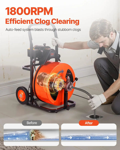Professional Auto Feed Drain Cleaner Machine 100 Feet Sewer Snake Auger Three Quarter Inch Heavy Duty Cable in action clearing clogs.
