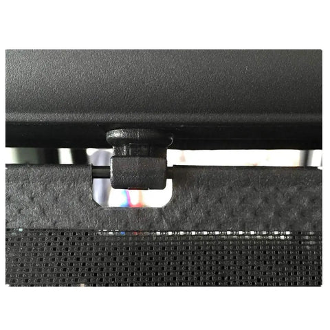 Close-up of a black thermoplastic sun shade clip holder from the Set Of Four Black Sliding Door Sun Shade Clip Hooks For Honda Odyssey 2005 Through 2010 Rear Doors Replacement Kit Replaces Broken Or Missing Sunshade Holders Rust-Resistant Premium Grade Construction For Your Ride.
