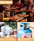 Group enjoying pizza with Propane Gas Burner Attachment For Karu 12 12G Karu 2 And Fyra 12 Pizza Ovens, easy install image below.