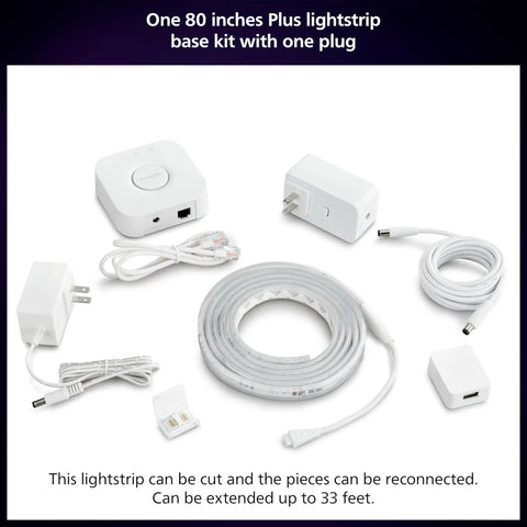 Dope Lightstrip Starter Kit With A 6Ft LED Strip, Base Plug, Hue Hub, shown with components on a white background