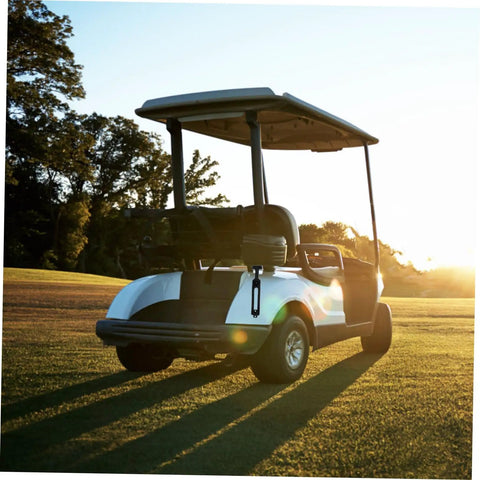 Black golf cart on a green field at sunset showcasing the back view and roof structure.