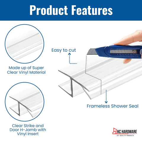 Bulletproof Leak Blocker For Frameless Shower Door Side Seal Strip With H Jamb Vinyl Insert 95 Inch Long Ultra Clear Pvc shown being cut.