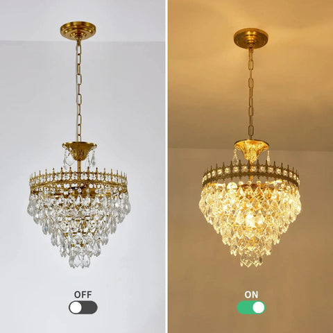 Modern Crystal Chandelier Round Gold Pendant Light Fixture For Living Room Dining Room Foyer And Bedroom, Luxury K9 Crystal Pendant Lighting With Antique Gold Finish, Glam Home Illumination - off and on view