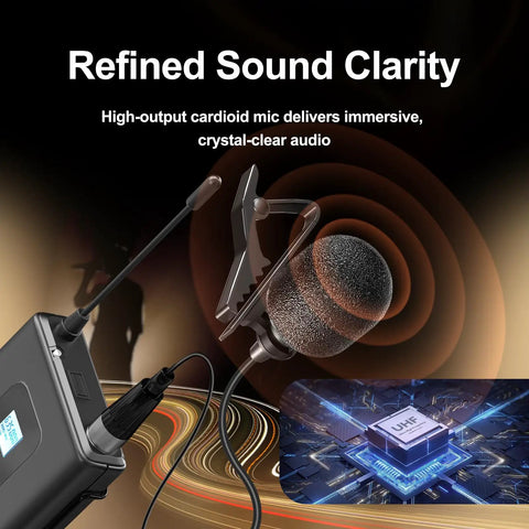 4 In 1 Wireless Lavalier Headset Microphone System With Dual UHF Transmitters, refined sound clarity with cardioid mic close-up